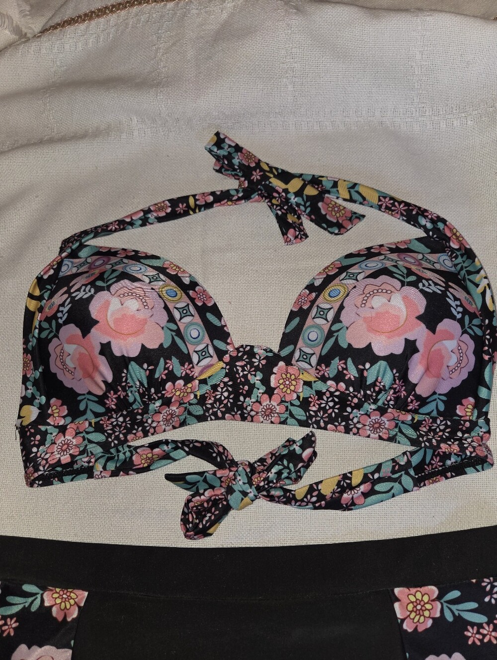 Floral Black High-Waist Bikini Set - Pink & Green Flowers - Picture 2 of 7